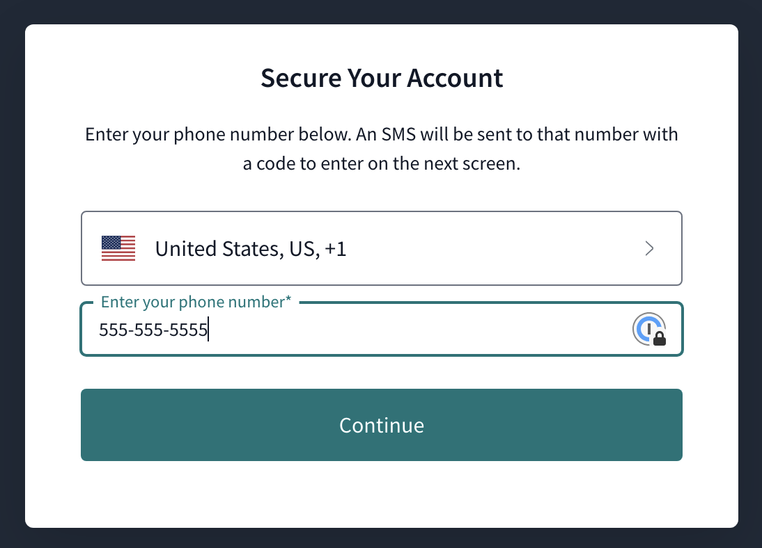 The phone number selection, including a dropdown for country code.